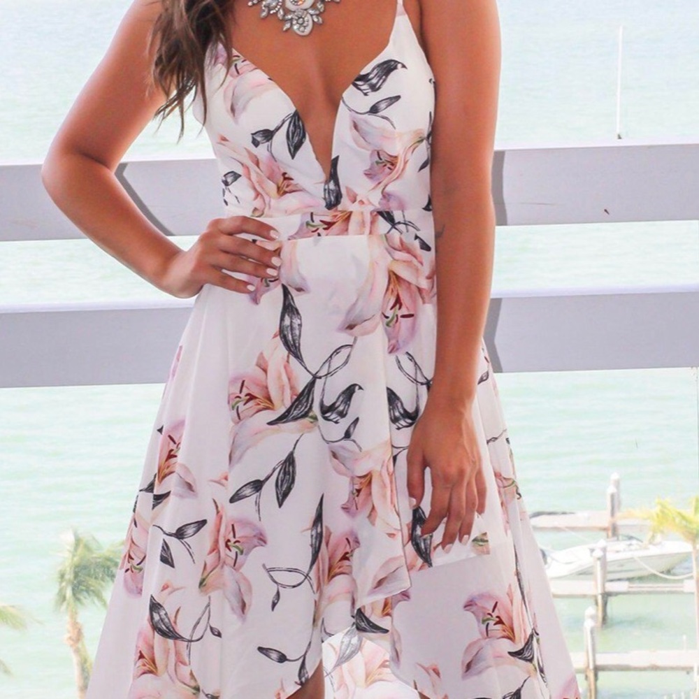 White Floral High-Low dress with tie up back